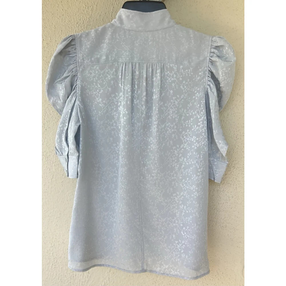 NWT Frame Gillian Denim Blue Silk Puff Sleeve Blouse Size Small Petite Pastel - Picture 4 of 7